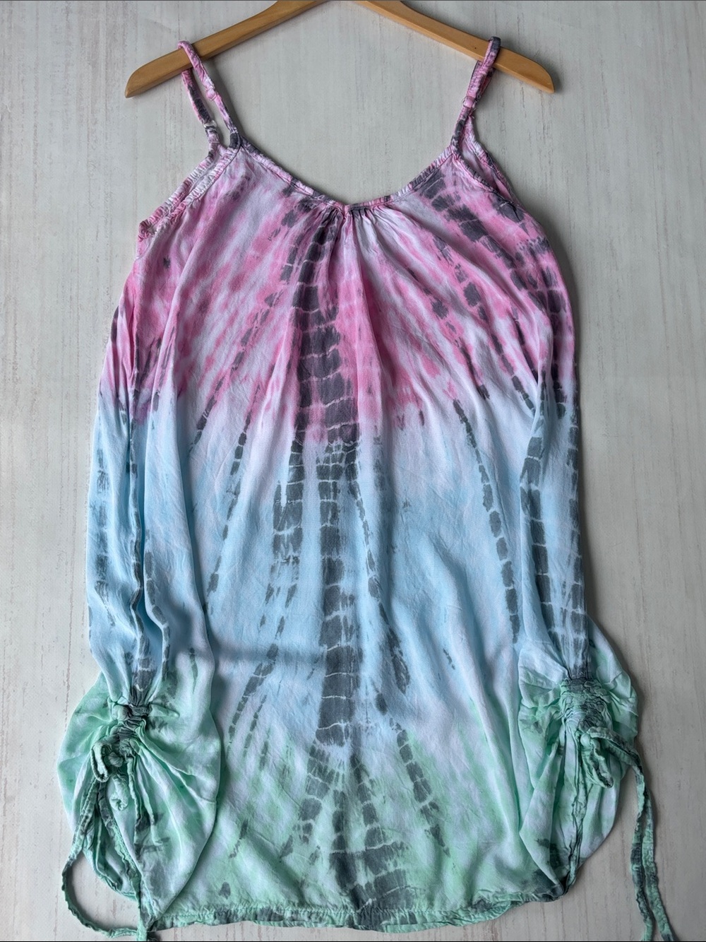 Women's Pink/Blue/Grn Tie-Dye Spaghetti Strap Boho Summer Dress Beach Cover Up